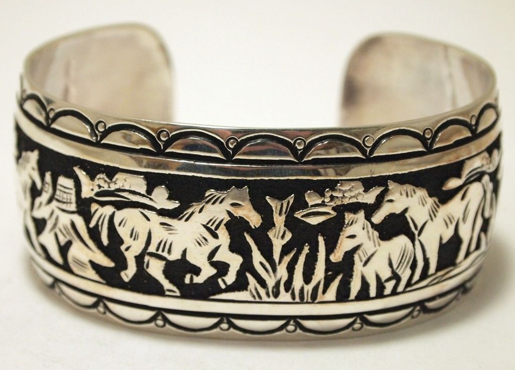 Navajo Sterling Silver Horses Large Cuff Bracelet - Richard Singer