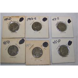 (6X$) U.S SILVER WAR NICKELS 42-S,44-D,(2)43-S,45-D,45-P