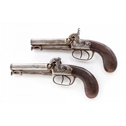 Pr. of English Dbl Barrel Gold-Banded Coat Pistols