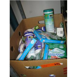 Box of household cleaner products & deodorants