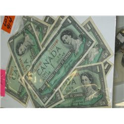 Ten vintage Canadian $1 bills