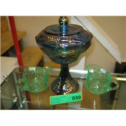 Carnival glass covered, footed dish