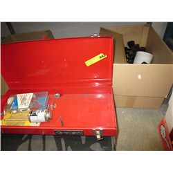 Red metal tool box and contents