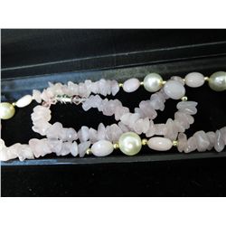 Pink quartz & faux pearl strand necklace