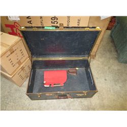 Vintage blue metal trunk with leather handle