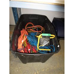 Tote containing electrical wire and trouble light