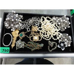Tray of costume and rhinestone jewelry