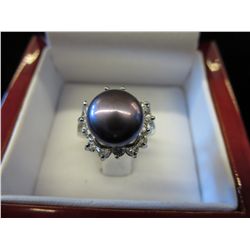 Freshwater black pearl & crystal ring