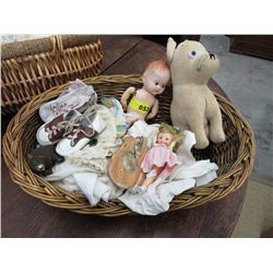 Basket of vintage dolls & stuffed toys