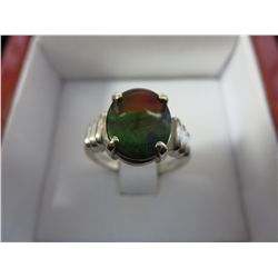 Ammolite ring, oval shape, sterling silver setting
