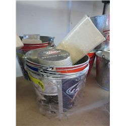 Five beer pails with logos