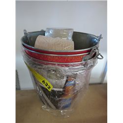 Five beer pails with logos