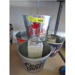 Five beer pails with logos