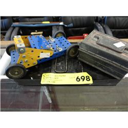Vintage metal meccano car & 2 tin boxes