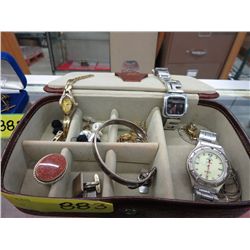 Box containing costume jewelry and watches