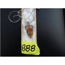 Pendant with amber heart & drops - silver chain