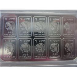 Uncut sheet of one gram silver Indian head bars