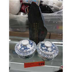 Oriental stone & 2 dragon motif dishes