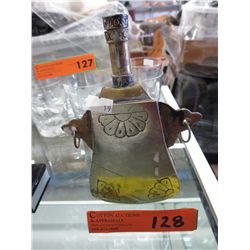 Stone inlaid flask 7" tall 4" wide at base