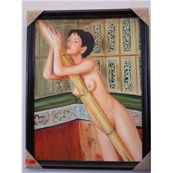 Framed artwork of a nude lady on a bamboo