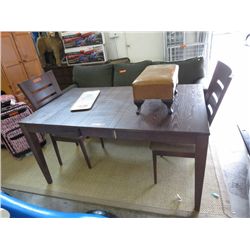 Wooden table & leaf with 2 chairs, as is.
