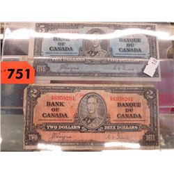 Two 1937 Bank of Canada bills, $5 & $2