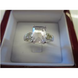 Emerald cut pink quartz ring set with 6 diamonds