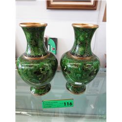 Two green cloisonné vases