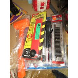 Tools, mallet, angle finder and socket set, etc.