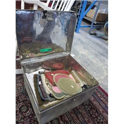 Metal box of vintage table linens, runners, etc.