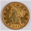 Image 1 : 1845 5 DOLLAR GOLD MS60 LOOKS A LITTLE PL