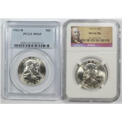 1963-D FRANKLIN HALF DOLLAR PCGS MS65 & 1963-D FRANKLIN HALF DOLLAR NGC MS64 FBL