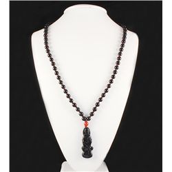 Woman Buddha Jade Necklace with Black Agate Beads