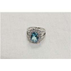 Joshua Lieff Designer Rhodium Plated Ring  With Blue and Clear Swarovski Crystals Size 6