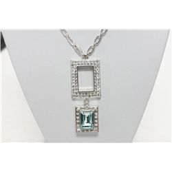 Michelle Merizzi Designer Rhodium Plated  Necklace and Drop Style Double Pendant With  Blue and Clea