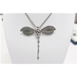 Sterling Silver and Genuine Amethyst  Dragonfly Necklace/Pendant/Brooch