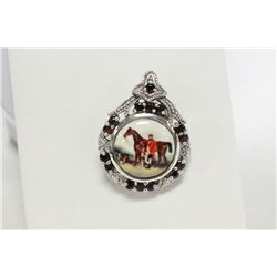 Sterling Silver Horse Scene Brooch/Pendant  With Genuine Garnets