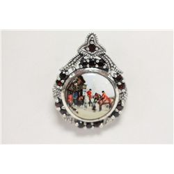 Sterling Silver Horse Scene Brooch/Pendant  With Genuine Garnet