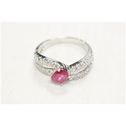 Sterling Silver Ring With Genuine Ruby and  C.Z. Size 7.25