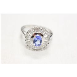 Sterling Silver Dinner Ring With Genuine  Tanzanite and Baguette Cut C.Z. Size 7.75