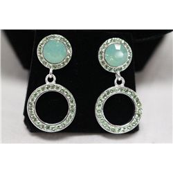 Michelle Merizzi Designer Rhodium Plated Drop  Style Earrings With Green Swarovski Crystals