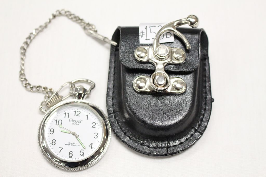 Pocket Watch in Black Leather Belt Case