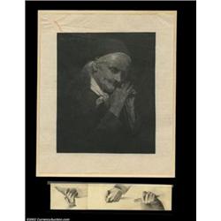 Walter Shirlaw Print and Pencil Drawings. A print, measuring approximately 5 5/8" by 7", of a Walter