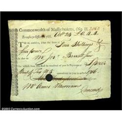 1788 Massachusetts Treasury Office Tax Receipt. A receipt for the specie tax paid, 4s4d. Signed by H