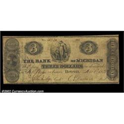 Detroit, MI- The Bank of Michigan $3 Nov. 1, 1835 G64 Bowen 15A $3 example from the bank's Kalamazoo