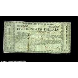 Houston, TX - Consolidated Fund of Texas $500 Sept. 1, 1837 Cr. CF5 Medlar 74A very rare sub-variety