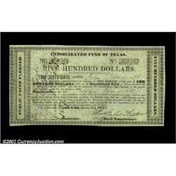 Houston, TX - Consolidated Fund of Texas $500 Mar. 1, 1839 Cr. CF11 Medlar 83A scarce $500 note that