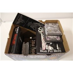 BOX OF LOT OF HEAVY METAL, THRASH METAL, BLACK METAL CD'S, RECORDS AND MAGAZINES ETC