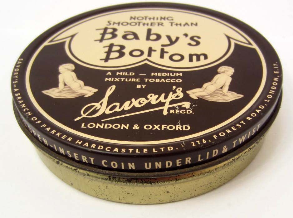 VINTAGE BABY'S BOTTOM TOBACCO ADVERTISING TIN