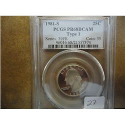 1981-S TYPE I WASHINGTON QUARTER PCGS PR68 DCAM